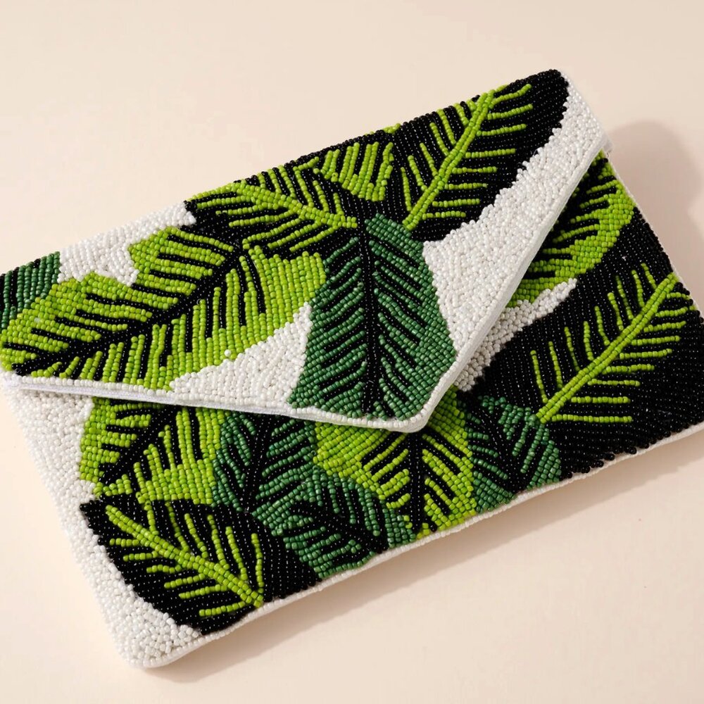 Beaded Green Leaf Envelope Crossbody Clutch